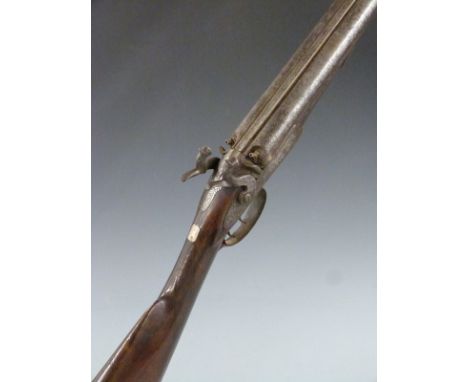 J Hill side by side double barelled hammer action gun with named and engraved lock, engraved hammers, top plate, trigger guar