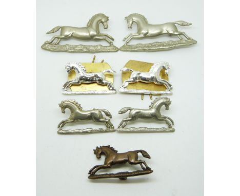 Seven British Army 3rd King's Own Hussars metal collar badges in three pairs plus one