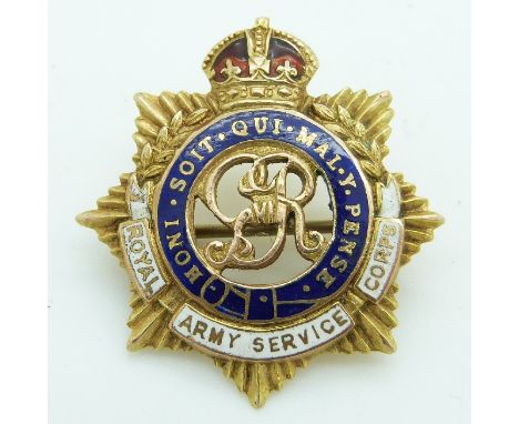 Royal Army Service Corps 9ct gold and enamel pin back badge, stamped 9 carat to reverse
