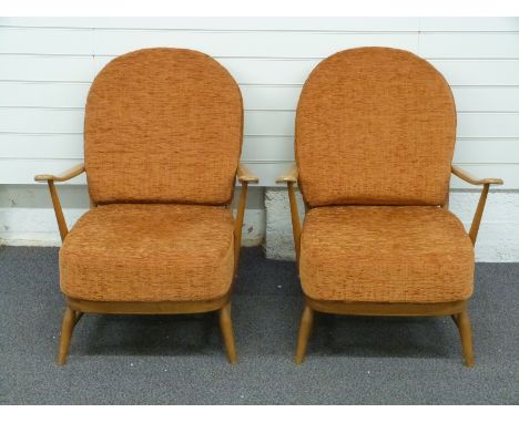 Ercol pair of light elm low back armchairs, H90cm&nbsp;