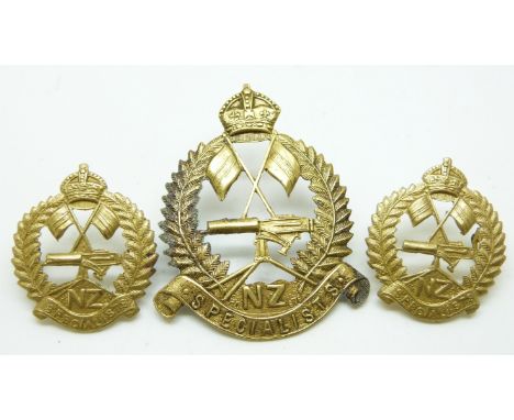 Three New Zealand Army WWI&nbsp;Expeditionary Force specialists metal hat and collar badges