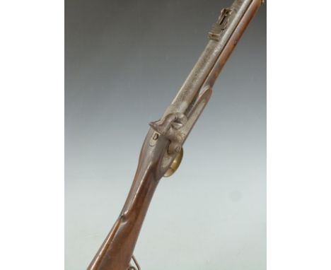 Enfield pattern percussion hammer action rifle with line engraved lock, brass trigger guard and butt plate engraved '8', pop-