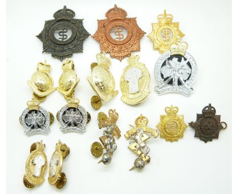 Seventeen Australian Army Corps hat and collar badges for the Legal, Pay, Survey and Medical Corps together with R E M E exam