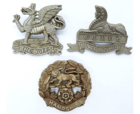 British Army The Buffs Regiment, Hampshire Regiment and Lincolnshire Regiment economy plastic cap badges