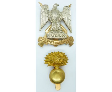 British Army 2 Dragoons (RSC) metal cap badge and Bandsman's grenade cap badge