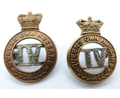 Two British Army 4th Queen's Own Hussars other ranks metal cap badges