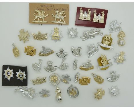 Twenty pairs of British Army anodised collar badges including Royal Scots, Inniskilling&nbsp;Fusiliers, King's Shropshire Lig