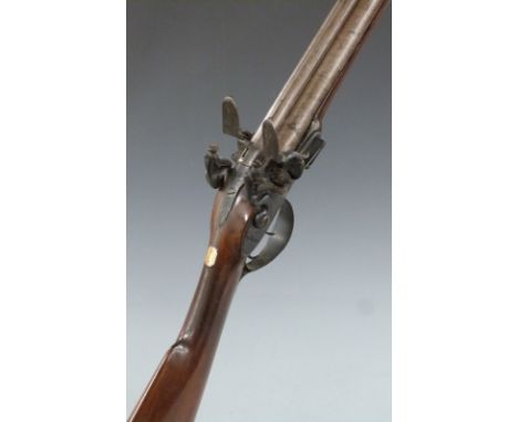 Joseph Manton of London 20 bore side by side double barrelled flintlock hammer action gun with named and engraved locks, cheq