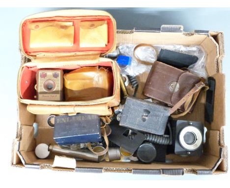 Quantity of camera lenses and accessories including Polaroid CU5 Land camera 3 inch lens marked Tominon 1:4.5 f=75mm,&nbsp;We