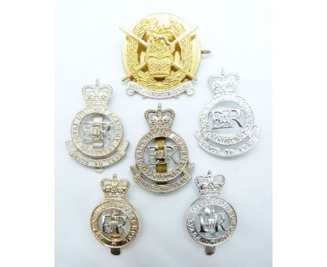 Five Royal Military School/Academy Elizabeth II cap badges, together with an Army Foundation College badge
