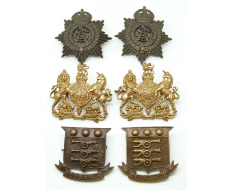 Six British Army Ordnance Corps, Army Service Corps and General Service Corps metal badges in three pairs