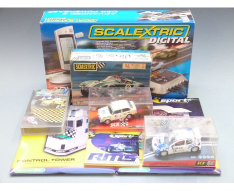 A collection of Scalextric and similar cars, buildings and accessories including Digital Advanced Six Car Powerbase, Control 