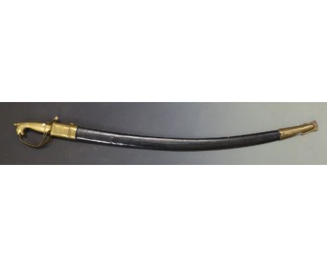 Indian sword with curved 89cm&nbsp;blade and brass horse head grip,&nbsp;with brass mounted scabbard&nbsp;