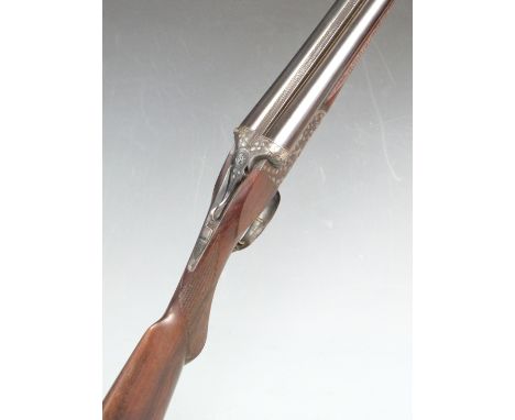 Belgian 16 bore side by side shotgun with engraving featuring birds and foxes to the lock, thumb lever, underside and trigger