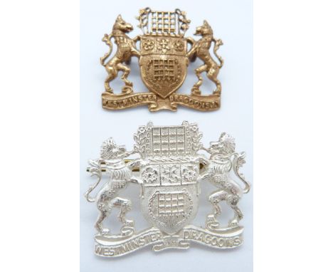 Two British Army Westminster Dragoons metal cap badges