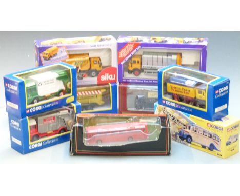 Nine Corgi, Siku and Exclusive First Editions (EFE) diecast model vehicles including buses, lorries and refuse trucks, all in