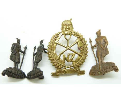 New Zealand Army 8th Southlands Regiment metal cap badge with Gaunt maker's mark to reverse, two collar badges and a Pioneer 