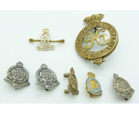 British Army 96th Regiment of Foot Glengarry badge together with pin back badges for the Army Interpreters, Norfolk Yeomanry 