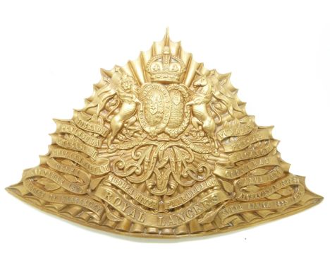 British Army 5th Queen's Royal Lancers helmet plate displaying battle honours including Chilianwallah and the Boer War