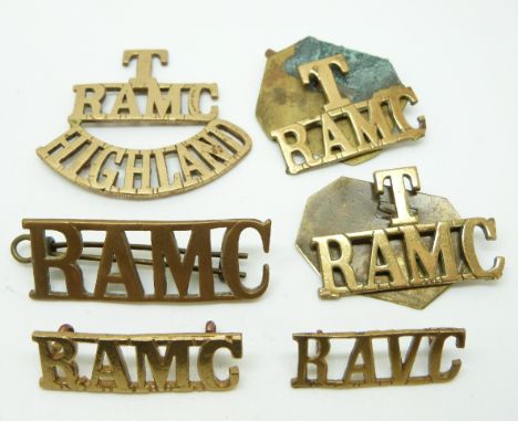 Five British Army Royal Army Medical Corps shoulder titles including two Territorial examples and a Veterinary Corps example&