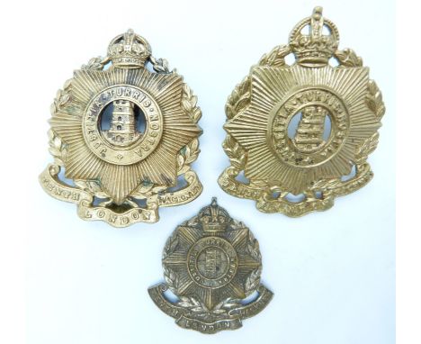 Three British Army County of London Battalion (Hackney) metal badges
