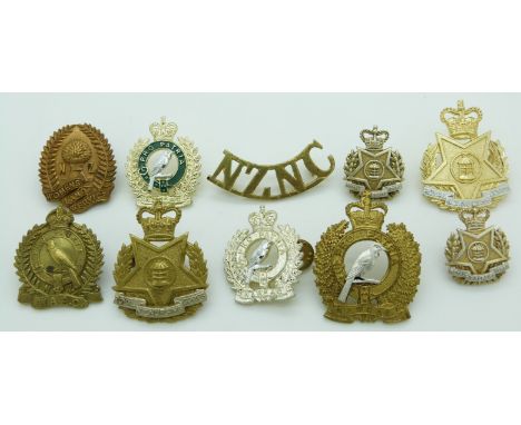 Ten New Zealand Army Royal Nursing Corps, Women's Army Corps and Women's Land Service metal and anodised hat badges including