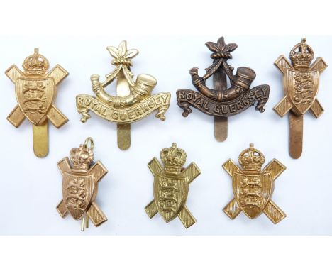 Seven British Army Royal Guernsey Light Infantry cap and collar badges