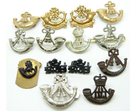 Fourteen British Army Light Infantry Regiments including King's Shropshire Light Infantry and Durham Light Infantry etc metal