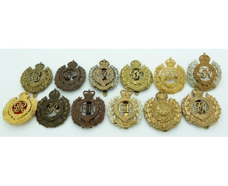 Twelve British Army Royal Engineer metal cap badges including two gilt examples