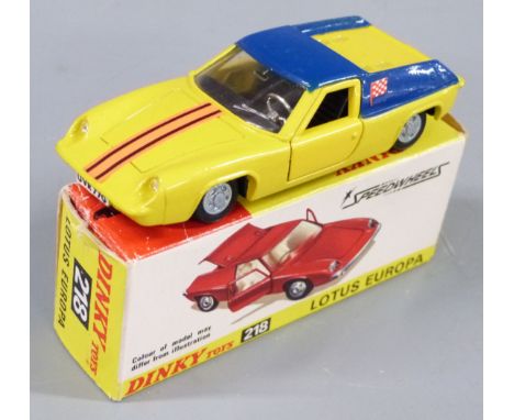 Dinky Toys diecast model Lotus Europa with Speedwheels, yellow body, blue roof and side panels, gold engine, orange racing st