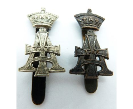 British Army 19th Hussars (Queen's Alexandra's Own) officer's service dress cap badge together with a white metal example