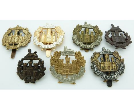 Seven British Army Essex Regiment metal hat badges