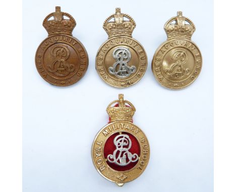 Four British Army Royal Military College officer cadet's Edward VII cap badges