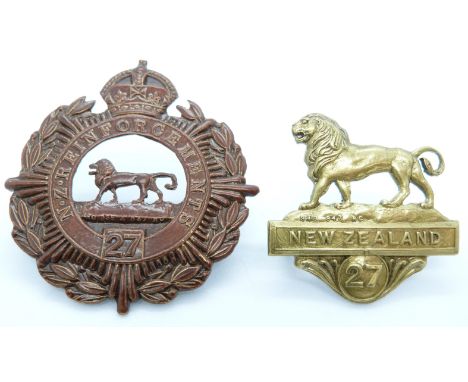 Two New Zealand Army WWI 27th Reinforcements metal badges