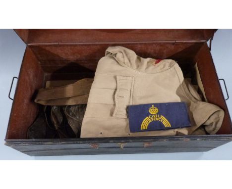 WWII era leather flying trousers, metal trunk, Civil Defence arm band, jacket, an unopened GI ration pack and a sword cover, 