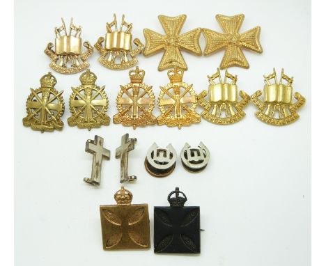 Sixteen British Army support arms metal collar badges for the Intelligence Corps, Education Corps and the Royal Army Chaplain