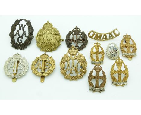 Twelve British Army Corps badges for the Auxiliary Territorial Service, Queen Mary's Army Auxiliary Corps and Queen Alexandra