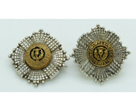 British Army Scots Guards officer's service dress cap badge with enamel centre, together with a similar pin back example