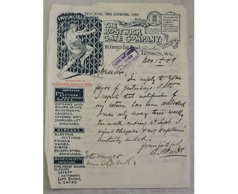 The Bostwick Gate Company - 1909  Engraved letter-headed letters (2), Invincible Gates, Prize Medal 1900 Paris Exhibition etc