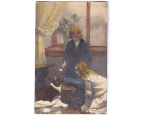 Children/Postal - Early coloured postcard of children playing with a dog, used 1906 with very fine Glasgow machine cancel No.