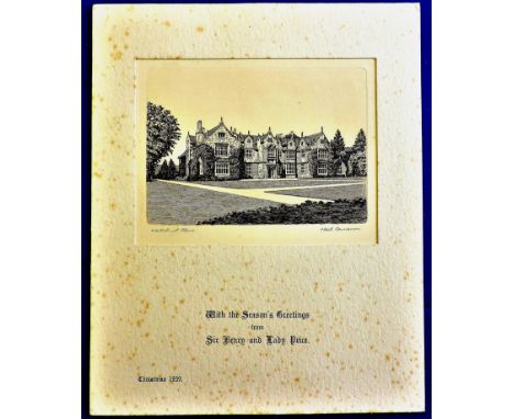 With the season's greetings from Sir Henry and Lady Price, A wood cut print of Wakehurst Palace by Neil Cameron. Titles and s