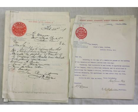 Weiners Litho, Print & Advt Co. Ltd - 1909  Batch of letter-headed correspondence from Vale Grove, Acton to Lloyds Bank, Holb