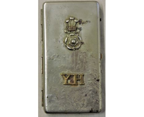 Yorkshire Hussars signed cigarette case, WWII period chromed case with an officers cap badge mounted on the front with an epa