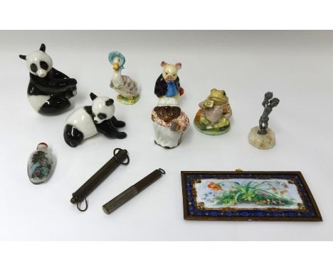 Two USSR panda figures, Beatrix Potter figures, scent bottle, scales, 19th century enamelled porcelain plaque in gilt frame.