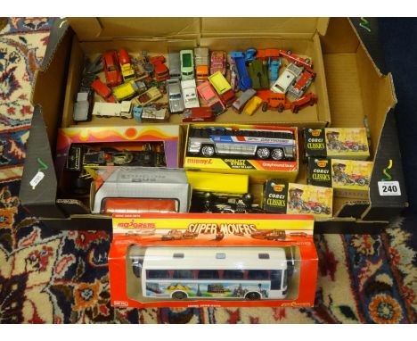 Various group of toys including Lesney, Matchbox, early Corgi Classics, racing cars and some bus models.