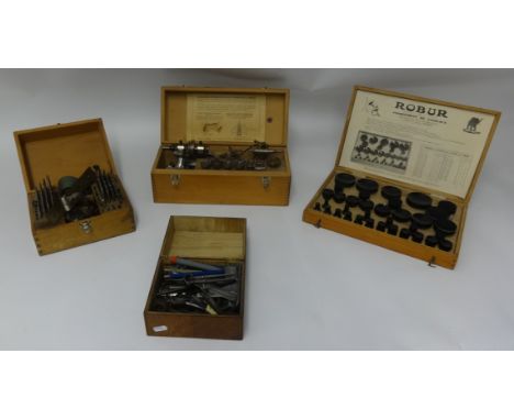 A Boley Leinen watch makers lathe boxed, a Boley Leinen Staking Tool kit, boxed, and a quantity of old watch making tools, cl
