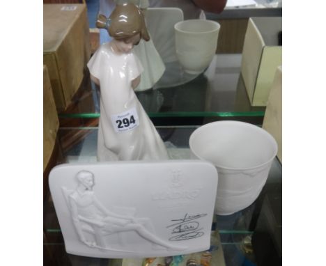 A Lladro plaque, Nao figure and Lladro bowl