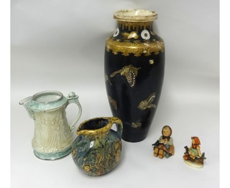 Two Hummell figures, 1977 Burleigh jug, Art pottery jug with St.Ives seal and a large gilt 'butterfly' decorated vase.