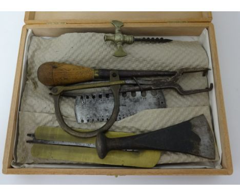 Various items, brass embossed fire bellows, sheep trimmers, old hand tools, part boxed set weights, moulding planes, vintage 
