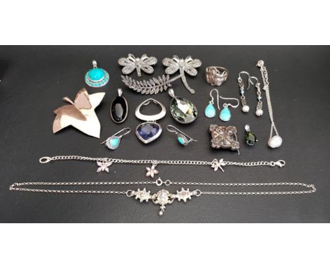 GOOD SELECTION OF SILVER JEWELLERY including a turquoise pendant and earrings, marcasite butterfly and dragonfly brooches, va